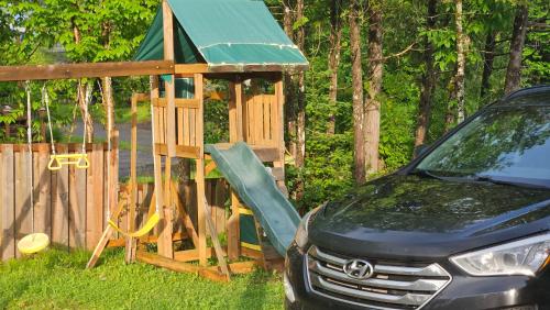 a wooden playground with a slide and a car at Chalet Mathis in Saint-Raymond