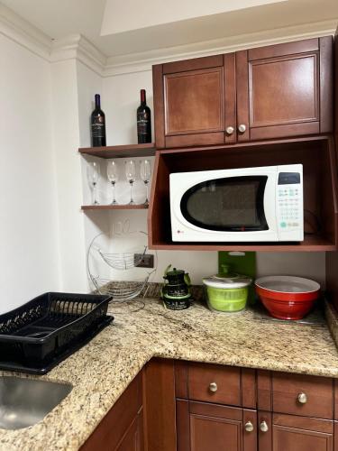 a kitchen with a counter top with a microwave at Nice and confortable 2 bedrooms apartment in Escazu in San Antonio
