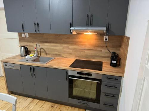 a kitchen with a sink and a wooden counter top at Apartmány Kanteho grunt in Bělá pod Pradědem