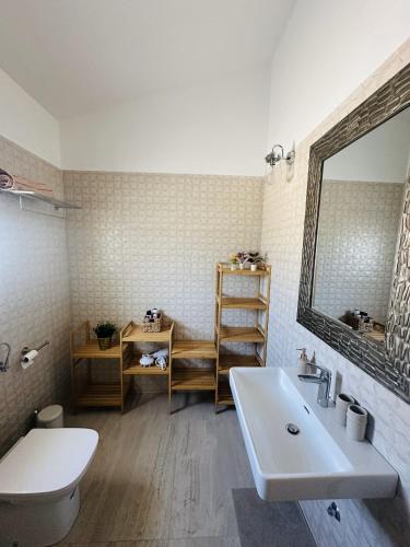 a bathroom with a sink and a toilet and a mirror at Villa V in Svetvinčenat