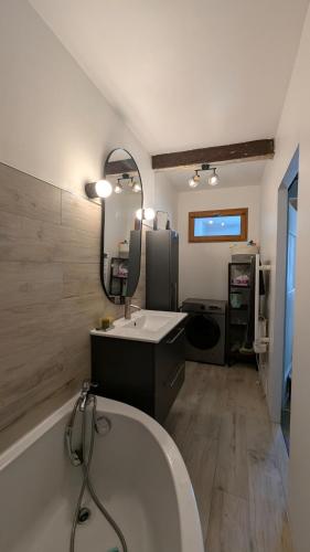 a bathroom with a tub and a sink and a mirror at Le Nid de Marguerite in Castelnaudary