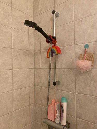 a shower with a shower head and a shelf with products at DR ÅSA Apartment Penthouse w Pool by the Forest near a Golf course, Concerts and the Baltic Sea in Järna