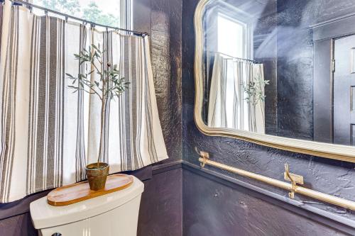 a bathroom with a toilet with a plant on it at Walk to Downtown Historic Guthrie Home on Mansur in Guthrie