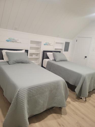 two beds in a room with white walls at Adventure Awaits in Beaufort