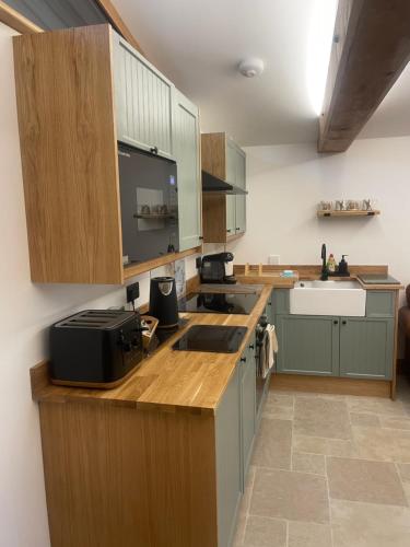 a kitchen with green cabinets and a counter top at Tawny Lodge, Evesham Nr Cotswolds in Evesham