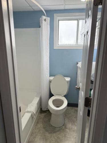 a bathroom with a white toilet and a window at Cape Sands Inn in West Yarmouth