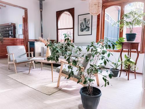 a room with potted plants and a table and chairs at Hostal del Rio Talca in Talca