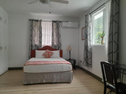 a bedroom with a bed with a red headboard and a window at Villa Copthall in Trafalgar