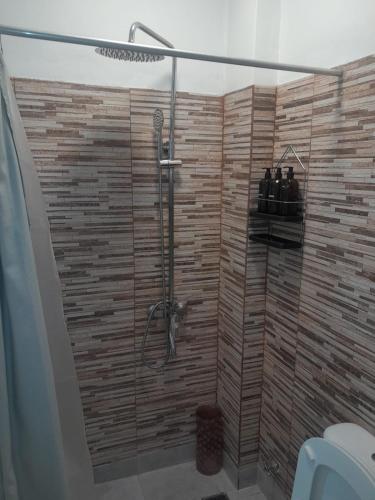 a shower in a bathroom with a wooden wall at Microcentro Monoambiente Vista in Buenos Aires