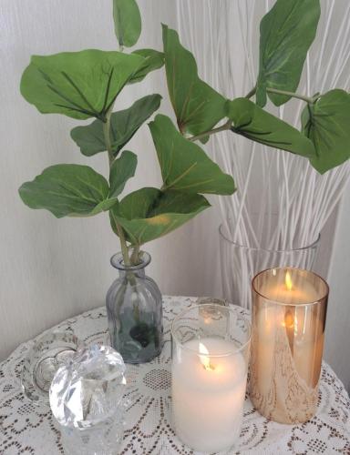 a table with two candles and a vase with a plant at 에벤에셀 in Busan