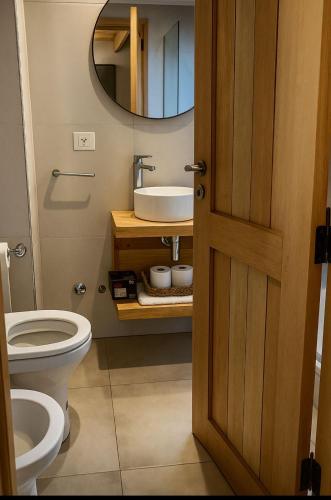 a bathroom with a sink and a toilet and a mirror at NB Mountain aparts El Chalten in El Chalten