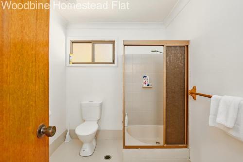 a bathroom with a white toilet and a shower at Woodbine Homestead in Hallidays Point