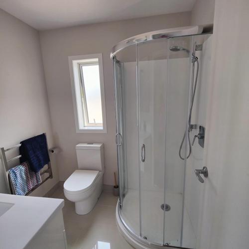 a bathroom with a toilet and a glass shower at Fairburn Hideaway in Cambridge