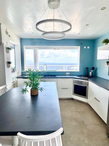 a kitchen with a table with a potted plant on it at Villa Téloam- Charmante villa avec piscine et vue mer in Schœlcher