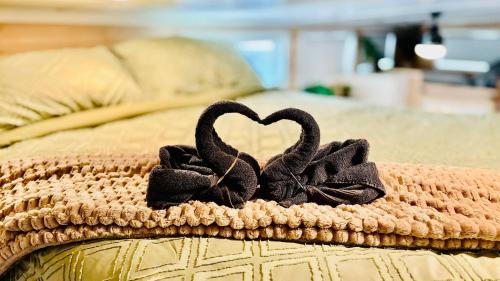 two black swans forming a heart on a bed at Couple’s retreat in Tiny Home w soaking tub/beach in Upper Lake