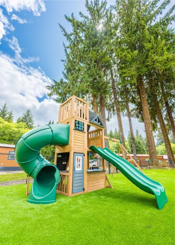 einen Spielplatz mit Rutsche im Gras in der Unterkunft Rainforest Tiny Home Retreat #15 in Forks