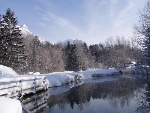 a river covered in snow with trees and mountains at Die Traunmühle in Bad Aussee