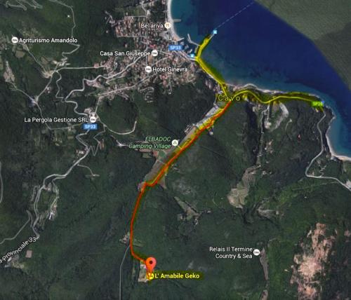 a map of the route of a road at L' Amabile Geko in Rio Marina