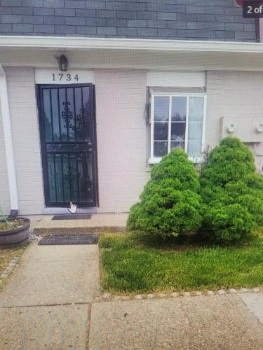 a white house with a black door and two bushes at Welcome Home in Hyattsville