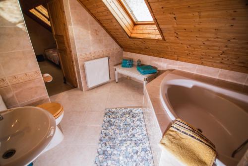 a bathroom with a tub and a sink at Chalupa Kamenná Horka in Krásná Lípa