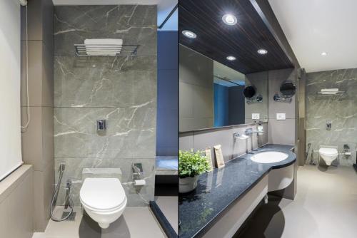 a bathroom with a toilet and a sink and a mirror at Treebo Premium Niraali Executive, Hinjewadi in Pune