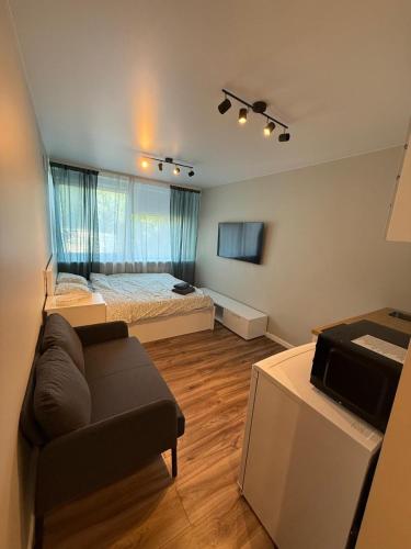 a living room with a bed and a couch at Studio apartment ll in Vilnius
