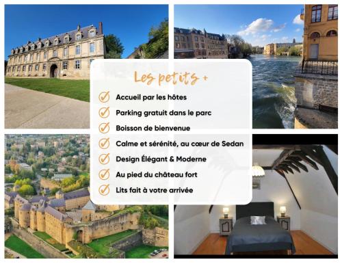 eine Collage von Bildern eines Gebäudes mit einem Schild in der Unterkunft Château des Princes " Calme et sérénité au cœur de Sedan " in Sedan