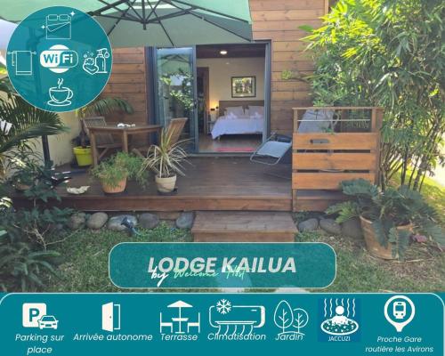 a house with a sign that reads lodge kahuka at Lodge Kailua, avec jacuzzi en plein cœur de ville in Les Avirons