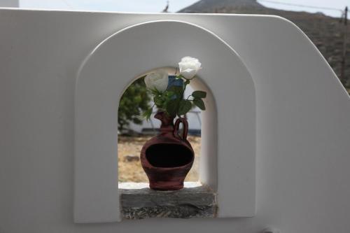 a vase with flowers in it sitting in an archway at Casaprimavera in Katapola
