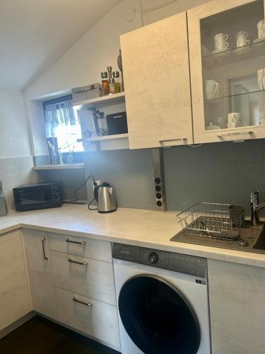 a kitchen with a dishwasher in a counter top at bergwärts in Bischofsgrün