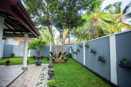 a courtyard with a fence with potted plants at Sanda Villa Kosgoda in Kosgoda