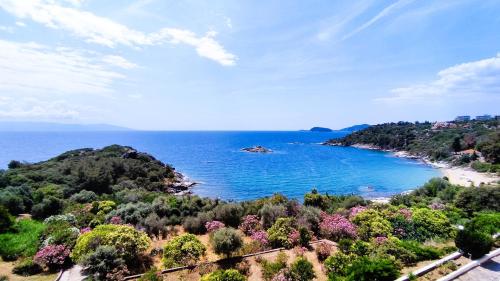 a view of a beach with trees and blue water at Casa Jasmine in Kavala