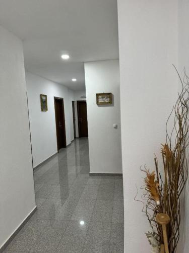 a hallway with white walls and a vase of flowers at Rooms Soldo in Međugorje