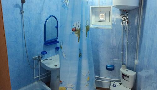 エイスクにあるGuest House Kalininaの青いバスルーム(トイレ、シャワー付)