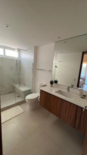 a bathroom with a toilet and a sink and a shower at Departamento TerraMar Flamingos in Nuevo Vallarta