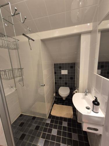 a bathroom with a toilet and a sink at Lägenhet-vindsvåning i centrala öregrund in Öregrund