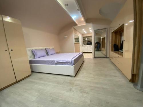 a large bedroom with a bed and a mirror at Central Apartments in Odesa