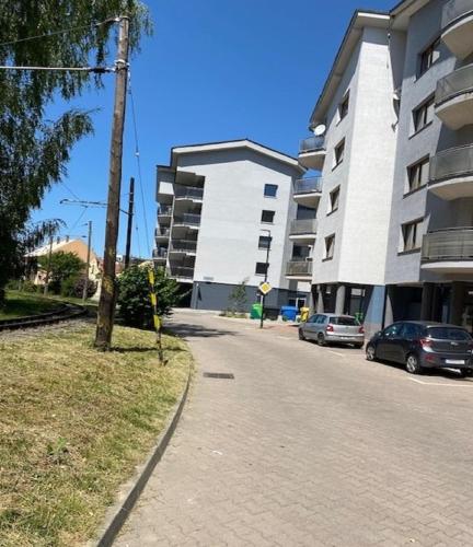 a street with cars parked in front of a building at RELAX apartmán Trenčianske Teplice in Martinske Hole