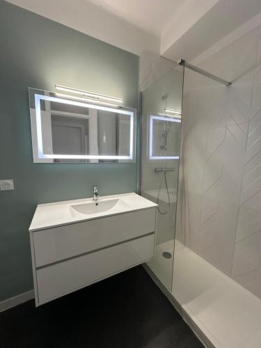 une salle de bain avec un lavabo et une douche en verre dans l'établissement T2 53m2 quartier libération proche arrêt de Tram, à Nice