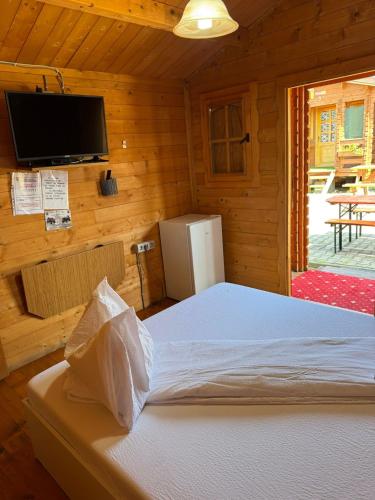 a room with a bed and a television in a cabin at Casute Enea Baile Figa cu Aer condiționat in Agrişu de Sus