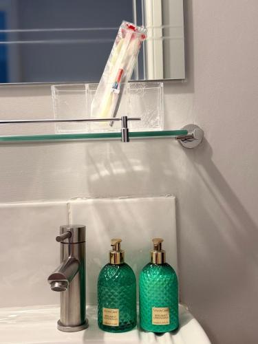 a bathroom sink with two green soap bottles on it at Waterfront double room with fireplace in the heart of Royal Docks in London
