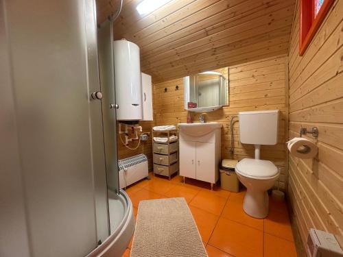 a small bathroom with a toilet and a sink at Luna de miere in Cinciş