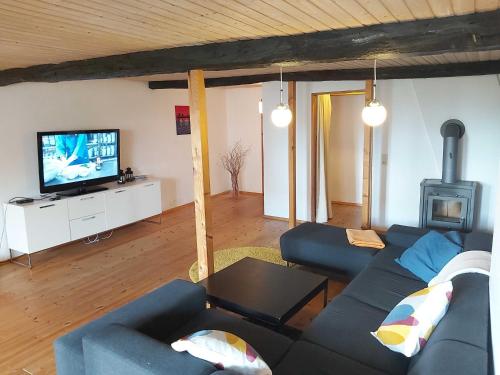 a living room with a blue couch and a tv at Denkmalgeschütztes Ferienidyll unter Reet in Guderhandviertel