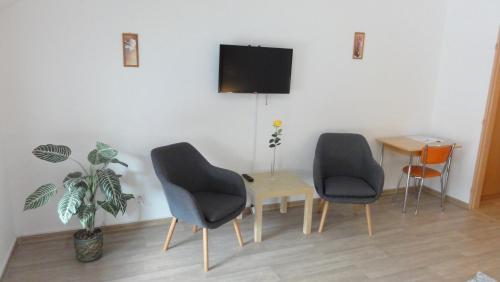 a room with two chairs and a table and a tv at Penzion U Hradeb in Znojmo