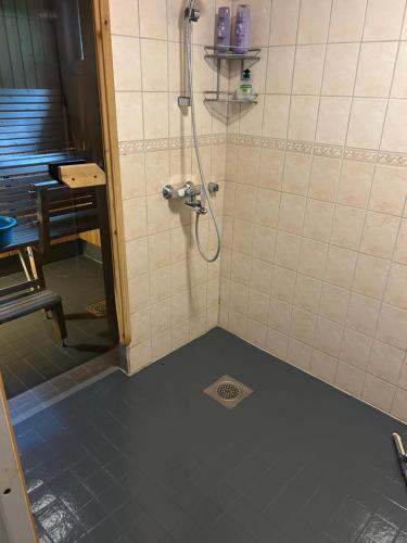 a shower in a bathroom with a tile floor at Harmonia2 in Keminmaa
