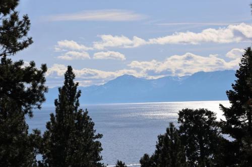 a view of the ocean from behind some trees at JJs Lakeview Chalet in Tahoe Vista
