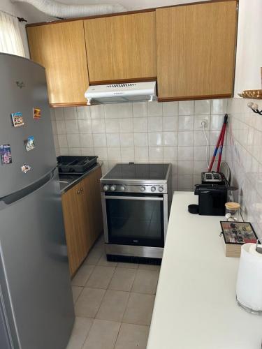 a kitchen with a stove and a refrigerator at Moderna Yaya - Andros Chora in Andros