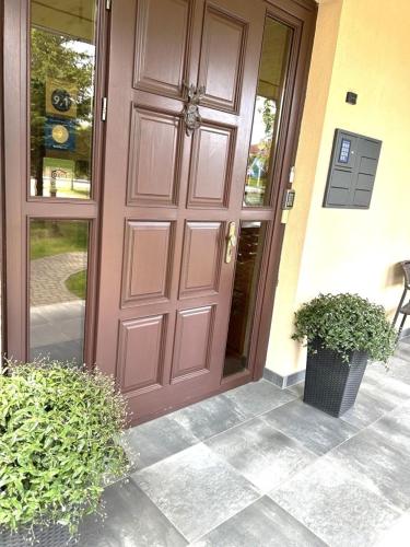 a brown door of a house with two potted plants at Villa Kmeller in Lviv