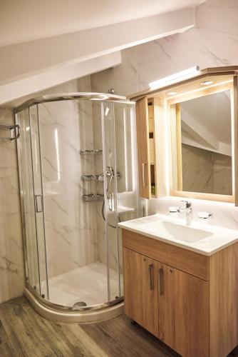a bathroom with a shower and a sink at Famissi Suites in Kalabaka