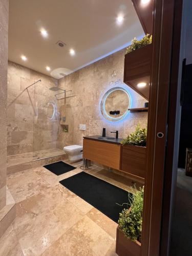 a bathroom with a shower and a sink and a toilet at Basilica Panorama Luxury in Budapest